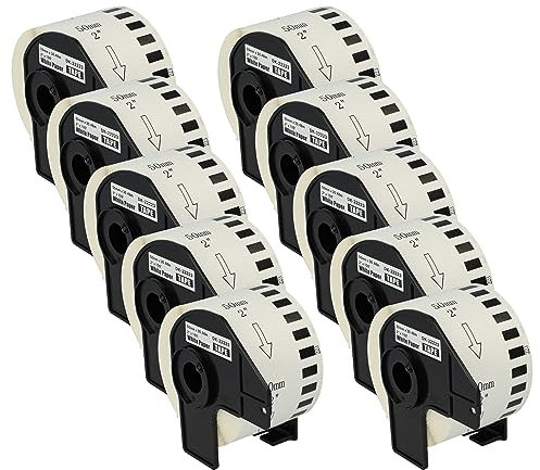 vhbw 10x Etiketten-Rolle mit Halter 50mm x 30,48m (1 Etikette) kompatibel mit Brother PT QL-600, QL-600B Etiketten-Drucker - Premium