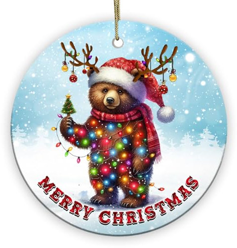 Decorlion 2025 Christmas Ornament - Bear Merry Christmas Ceramic Ornament, Xmas Tree Decoration, Woodland Animal Ornament, Bear Christmas Ornament, Bear Lover Gift