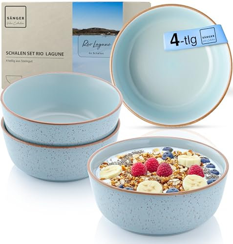 Sänger Rio Lagune| Steingut Schüssel Set 4 teilig, Müslischalen für 4 Personen, Schalen multifunktional, kratz- mikrowellen- spülmaschinenfest, Tiefe Teller blau 600 ml | VALUE COLLECTION