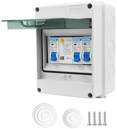 AXOTEN Sicherungskasten Aufputz IP65,Aufputz Verteiler Kleinverteiler,Verteilerkasten für Zuhause/Büro/Einkaufszentrum,Leistungsschalter 40A,Luftschalter 6A+16A,5 Module