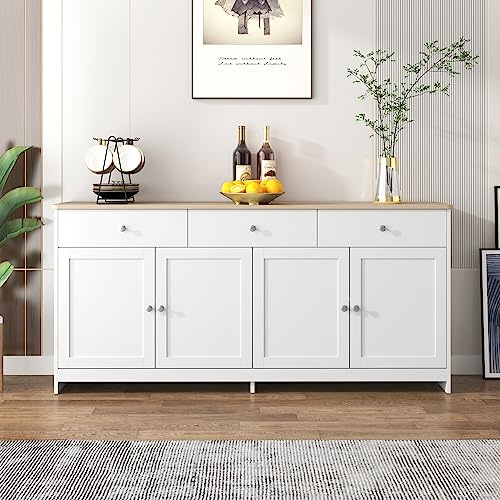 Gelukueub Sideboard mit weißer Holzmaserung, Vier Türen, mit DREI Schubladen, Wohnzimmer, Esszimmer. Holzfarbe und Weiß