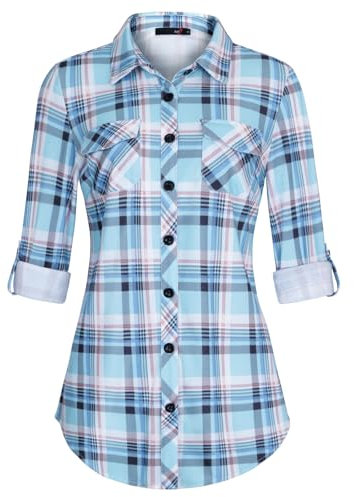 DJT Damen Weiches Gestrick Karierte Bluse Langarm Oberteile Roll Up Ärmel Hemdbluse Tunika Button Down Blusen Top Hellblaues Kariertes M