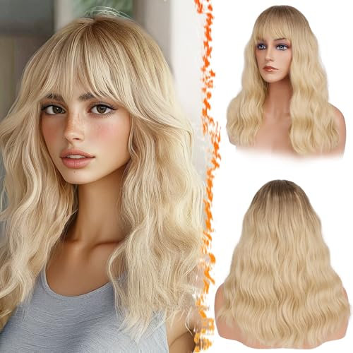 BARSDAR 46cm Lockige Wellig Blond Perücke mit Pony, Wellig Mittel Lange Perücke mit Pony für Frauen Schulterlange Haar Perücke Synthetisches Hitzebeständig Perücke Cosplay Party - Ombre Blond
