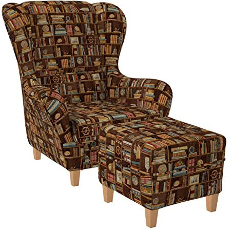 Supellex Sofia Ohrensessel mit Hocker | Design Bibliothek, Bücherregal in Braun