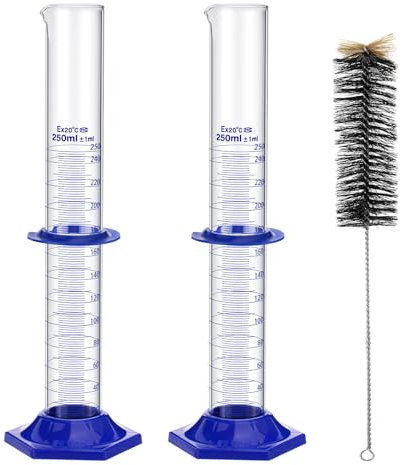 PRECIPETTE 2 Pcs Messzylinder Glas 250ml Messzylinder Borosilikatglas Dickglas Laborzylinder mit einer Reinigungsbürste Laborglaswaren für Flüssigkeitsmessung