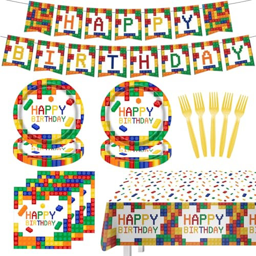 TRBSXRT 74 Pcs Building Block Birthday Party Decorations - Paper Plates, Napkins, Tablecloth, Banner Building Block Party Supplies for Kid's Birthday Party Serves 24