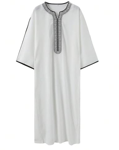 MNSWR Kaftan Herren, als Gebetskleidung für Jungen Muslimische Kleider Baumwolle Abaya Muslim Ramadan Lang Gebetskleid Freitagsgebet Kleider, Herren Kleidung Jubba Thobe V Ausschnitt Islamische