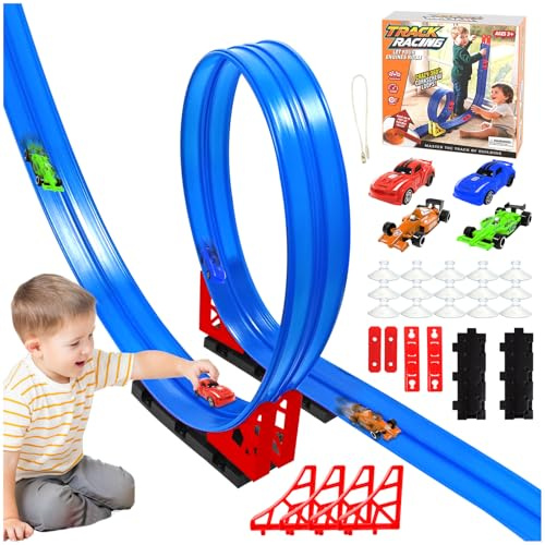 TOGETDREAM 4M Autorennbahn, Auto Rennbahn Spielzeug Inklusive 4 Autos Rollt Auf Tragbare Dual Rennstrecke Rampen Rennstrecke Auto Spielzeug Flexible Autorennbahn für Jungen und Mädchen Geschenk