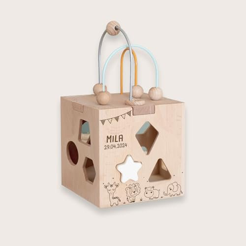 hellomini Personalisierter Motorikwürfel aus Holz – Lernspielzeug zur Förderung der Motorik – Individuell mit Namen graviert Kinder (Safari, Druckschrift)