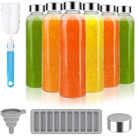 ZhouZGlass Glass Juice Bottles with Lids for Juicing 500ml, Reusable Clear Glass Water Bottles with Stainless Steel Airtight Cap for Refrigerator, 100% Leak Proof, BPA Free, Set of 6