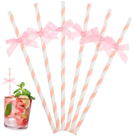 PACKOVE Elegant Bow Tie Paper Straws 60pcs for Pink Cake Decorations and Pastel Party Supplies