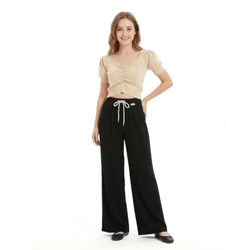 GLOWELFA Pantalon Fluide Femme Été Jambe Large Taille Haute Élastique avec Cordon Style Palazzo Léger Respirant Confortable Noir