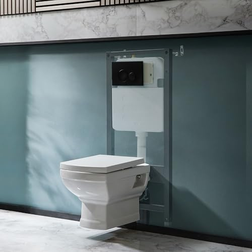 Milano Sandringham White Wall Hung Toilet Tall Frame Dual Flush Cistern - Black Round Plate