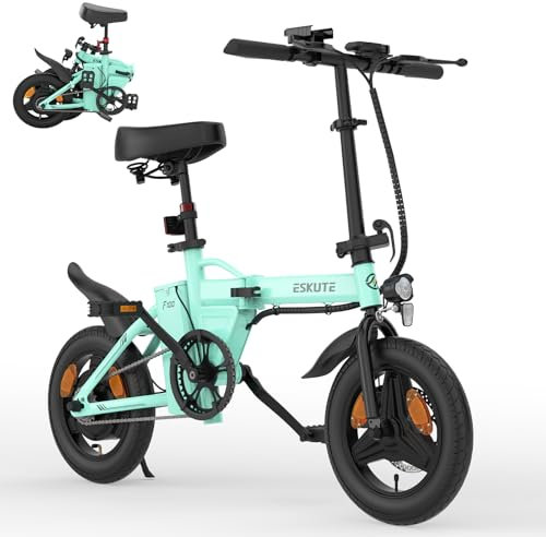 ESKUTE F100 Bicicleta Eléctrica Plegable, Ebike 14, Batería Integrada 36V 9Ah, 25 km/h & Autonomía 35–60 km, Pantalla LCD, Soporte USB, Asiento Ergonómico, Bici Electrica Urbana para Adultos,Cian