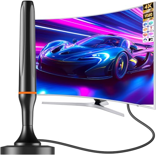 Antena TV Interior,Freeview Antena TDT Digital con Base Magnética Fuerte y 3M Cable Coaxial para Canales Locales,80km señal de Rango de Televisión Libre,Compatible con (VHF/UHF/DVB-T/DVB-T2)