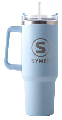 SYMED 40oz (1.18L) Insulated Tumbler with Handle & Straw – Stainless Steel Travel Cup, Leak-Resistant Lid, Dishwasher-Safe (Light Blue)
