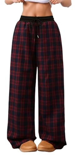 Generisch Pantalon de pyjama pour femme avec jambes larges et motif à carreaux - Pantalon de détente décontracté avec taille élastique - Pantalon de pyjama confortable pour un look décontracté