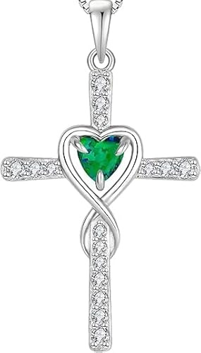 Starnny Kreuz Kette Herz Halskette Damen Silber 925 Grün Opal Anhänger Schmuck Geschenke für Frauen Sie