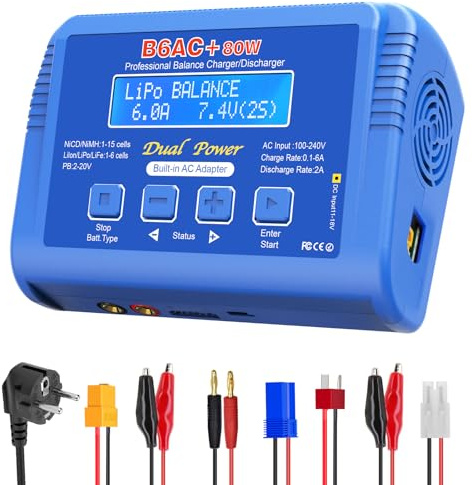 Haisito Lipo Cargador de batería 80 W 6 A – Cargador para Li-ion, Life, NiMH, NiCd, LiHV, Pb | Cargador de batería RC con adaptador integrado | Lipo Balance Charger para Airsoft, coches RC, barcos