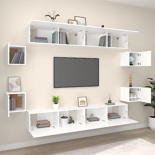 Vorpalize 8-Piece TV Cabinet Set, White, Wood-based Lowboard for Living Room, Modern Hanging Shelf and TV Cabinet with Lots of Storage Space, Robust TV Board