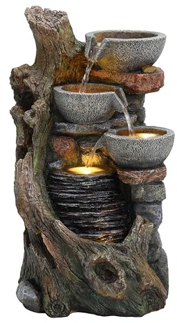 Cascading Outdoor Water Feature Electric Garden Fountain Cement Grey 5 Warm White LED Lights IP44 Plug-In Pump 7m Cable Statue Straight Waterfall Home Patio Decor Rustic Brook FREE Cleaning Brush