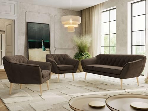 MKS MEBLE Sofagarnitur PIRS 3 + 1 + 1 - Couchgarnitur im skandinavischen Design, Gesteppte Polsterung, Wellenfederung, Wohnzimmer Sofa Set - Buche Beine, Braun Velvet