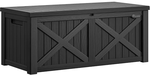 YITAHOME 450L Large Garden Outdoor Storage Box with X-Shaped Front, Waterproof Resin Deck Box Cushion Storage Bench for Patio, Pool Supplies, Garden Tools- Lockable, Black