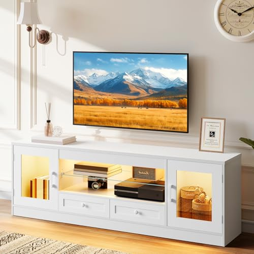 Concho 148 CM LED TV Stand Cabinet for 55 TVs, Gaming Entertainment Center with RGB Lights & Drawers for PS5, Modern TV Unit for Living Room Bedroom, White