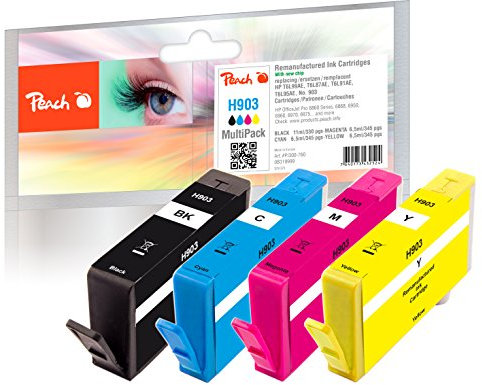 Peach H903/907 Spar Pack Druckerpatronen (BK, C, M, Y) ersetzt HP No. 903, T6L99AE, T6L87AE, T6L91AE, T6L95AE - kompatibel zur neuesten Drucker Firmware - für z.B. HP OfficeJet 6950