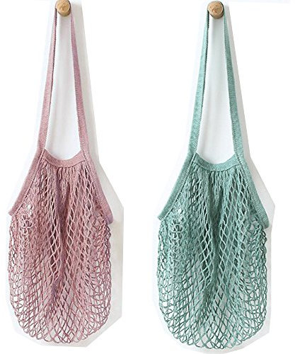 2 bolsas de malla de algodón lavable, para compra o como bolso de mano, portátiles, reutilizables, con asa larga para llevar al hombro, algodón, Green Purple, Medium