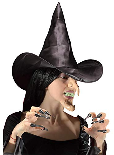 Inception Pro Infinite Hexen-Set - Hut - Nase - Kinn - Nägel - künstliche Zähne - Maskerade - Halloween - Karneval - Kinder - Herren - Damen - Unisex