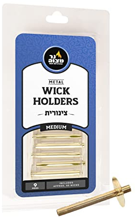Metal Wick Holder Set – 9 Medium Holders and 50 Wax Coated Wicks – Sits in Full Oil Cup for Optimal Safety and Burn Time – Tzinores by Ner Mitzvah