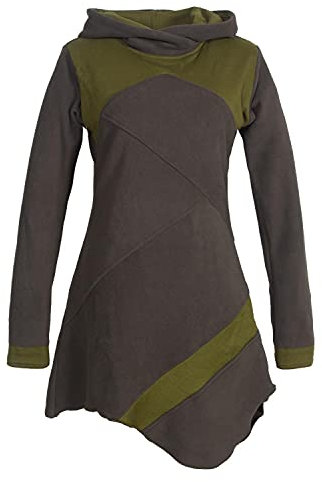 Vishes - Alternative Bekleidung - Langarm Damen Winterkleid Kapuzen-Kleid Eco-Fleece Asymmetrisch Patchwork Olive 42