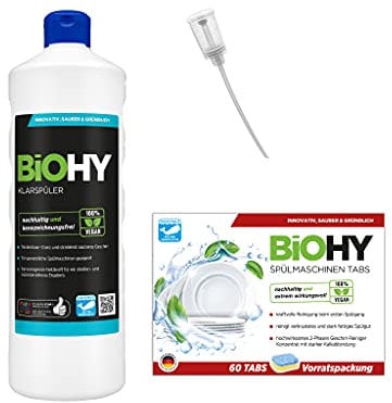 BiOHY Kit de nettoyage du lave-vaisselle | Onglets pour le lave-vaisselle 60 pièces | Aide au rinçage 1 Litre | avec Doseur | (Spülmaschinen-Reinigungs-Set)