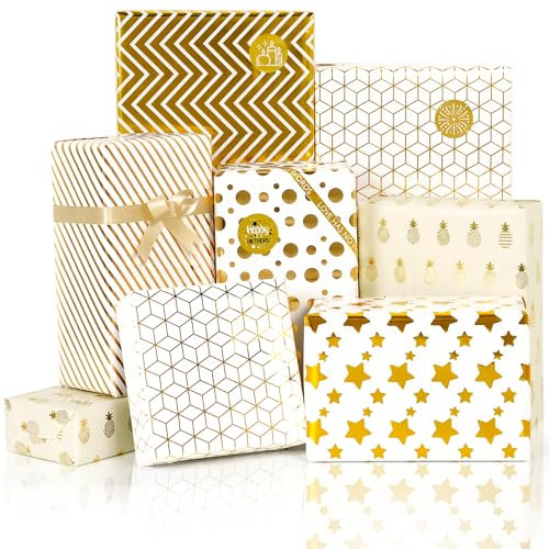 MAMUNU Geschenkpapierbögen, mehrfarbig, buntes Geschenkpapier für Damen und Herren, Geburtstag oder Party, 6 gefaltete Bögen, 50 cm x 70 cm (Gold)