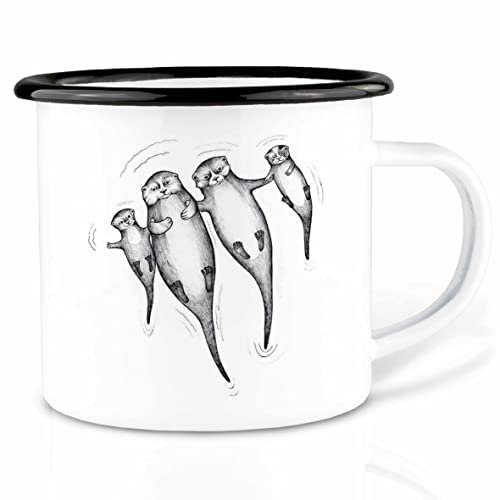Ligarti Emaille Tasse (leicht & robust) | Camping Becher handveredelt in Deutschland | Trinkbecher für Kinder, Kaffeetasse, Emaillebecher | Familientassen (Die Otters (Otter), 300ml)