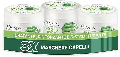 Omia, Kräuter-Haarmaske mit Salento Aloe Vera, Feuchtigkeitsspendende und Aufhellende Behandlung für Trockenes Haar, Frei von Silikonen und SLES, 3 x 250 ml Flasche - Exklusiv bei Amazon