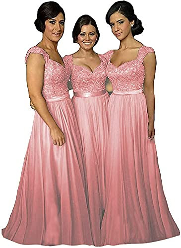 dinavian Femmes Longue Mousseline de Soie Appliques Dentelle Formelle Maxi Robes de Bal Demoiselle d'honneur Robe de Mariée, rose poudré, 38