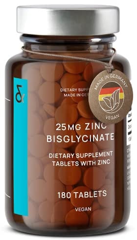 Zinc 25mg Vegan Certified - 180 Elemental Zinc Tablets in a Jar (6 Months Supply) - High Strength Zinc Bisglycinate Mineral Supplement - Supports Immune System, Hair, Skin & Nails for Women & Men