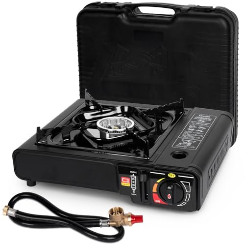 SHINESTAR Estufa de gas portátil de doble combustible para propano y butano, estufa de camping con un solo quemador, manguera adaptadora de propano y funda de transporte incluida, 7800 BTU