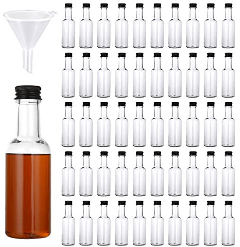 YAYODS 50PCS 50ML Mini Liquor Bottles, Small Plastic Empty Spirit Bottles with Lids and Liquid Funnel, Reusable Mini Alcohol Bottles, Airtight Miniature Liquor Bottles for Parties Weddings
