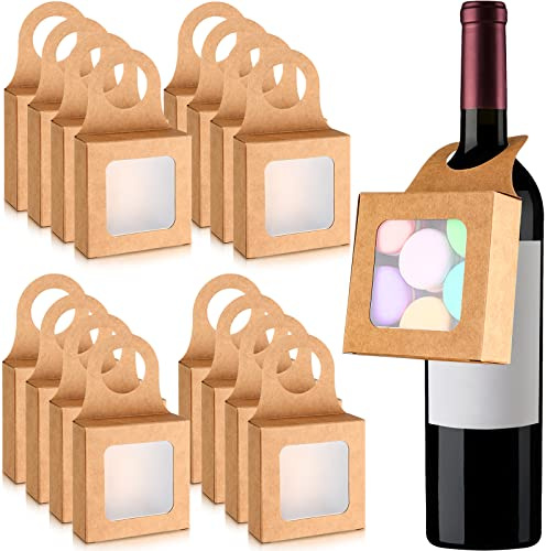 Crtiin 25 cajas de papel kraft para botellas de vino, pequeñas cajas de regalo colgantes con ventana para botellas de vino vacías, decoración y regalos (3.5 x 3.5 x 1.2 pulgadas, color kraft)