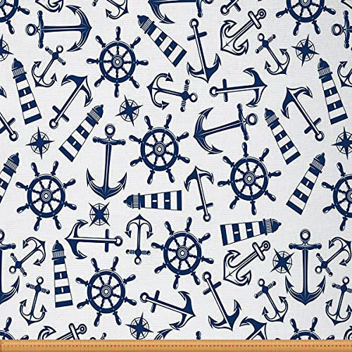 Nautischer Stoff Meterware Retro Anker Dekostoff Leuchtturm Polsterstoff Meer Abenteuer Thema Wasserdichter Stoff Polster und Wohnakzente Blau Weiß 184 x 150 (HxB)
