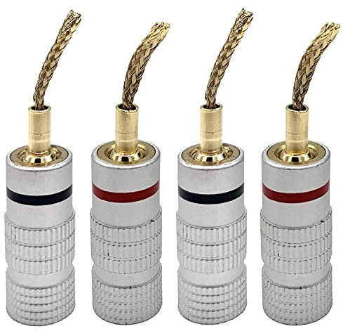 NANJIL HKSMAN 4 Pcs Braided Wire Pure Copper Gold Plated Audio Banana Plug Closed Screws Connectors for Speaker Wire, AV Receivers, Amplifiers, Surround Sound, Corrosion-Resistant, 2 Red and 2 Black