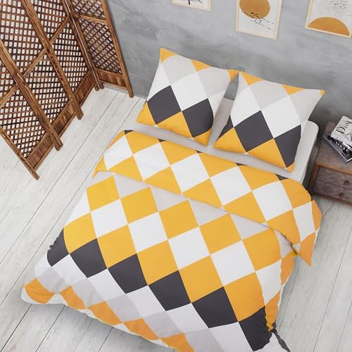 Vency Bettwäsche 200x200 3-Teilig Gelb - Oeko-TEX 80% Baumwolle & 20% Polyester, 1x Bettbezug Reißverschluss + 2X Kissenbezug 80x80 Umschlagverschluss, Quattro Modell