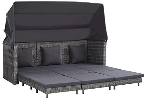 Yumeng Ausziehbares 3-Sitzer-Schlafsofa mit Dach, Lounge Sofa Outdoor, Garten Loungemöbel, Gartensofa, Gartenlounge, Balkon Set Möbel, Poly Rattan Grau
