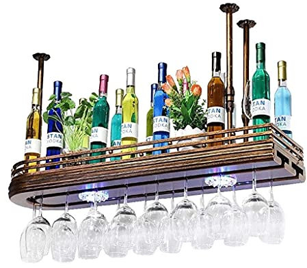 BAZIGA Weinregal aus Holz, hängender Weinschrank im Industriestil, doppelte Regale, hängende Bar, umgedrehter Weinkelch für den Haushalt (100 * 27 cm)
