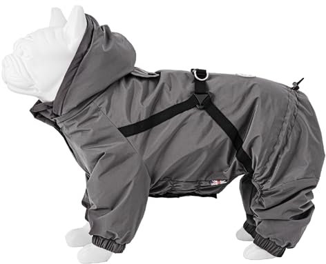 HUGO & HUDSON Winter-Schneeanzugjacke für Hunde, Winddicht mit Kapuze, Schnallen, Geschirr, Grau S35