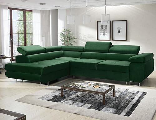 MODERNO Ecksofa mit Schlaffunktion und Bettkasten Avesta - Sofa +3 Sitzen mit Robusten Metallfüße - Schlafcouch L-Form - Modern Couch 277x203x73 cm - Ecke Links Velours Flaschengrün