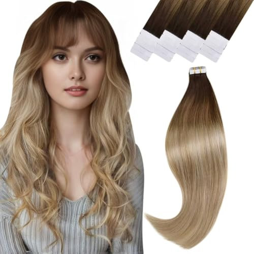 Vivien Tape in Extensions Echthaar Braun Tape in Echthaar Extensions Balayage Dunkelbraun Ombre Honigblond Platinblond Extensions Tape in Echthaar #4/14/60 30cm 20pcs/30g